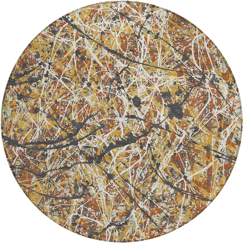 8' Gold Black And Ivory Round Abstract Washable Indoor Outdoor Area Rug Photo 1