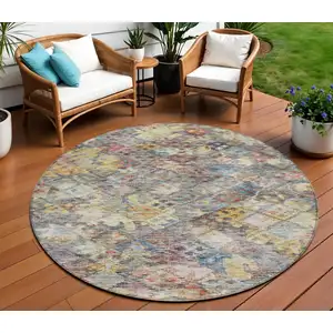 Photo of 8' Gold Blue And Brown Round Floral Washable Indoor Outdoor Area Rug