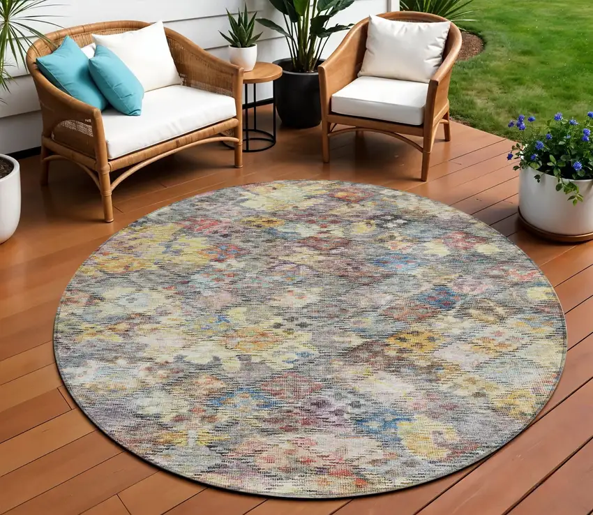 8' Gold Blue And Brown Round Floral Washable Indoor Outdoor Area Rug Photo 1