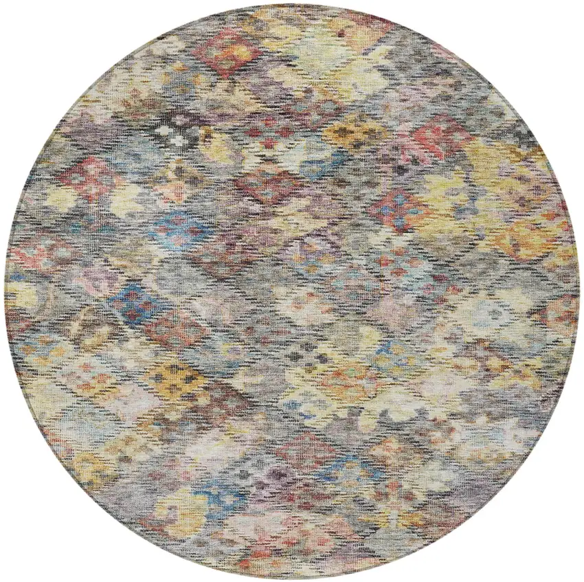 8' Gold Blue And Brown Round Floral Washable Indoor Outdoor Area Rug Photo 7