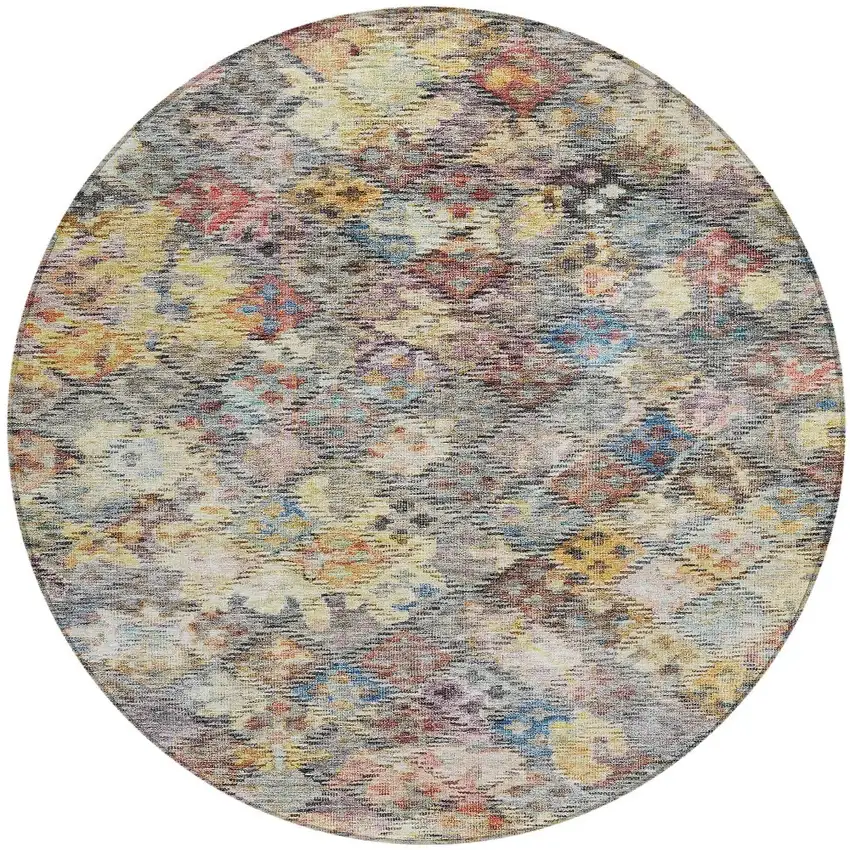8' Gold Blue And Brown Round Floral Washable Indoor Outdoor Area Rug Photo 6