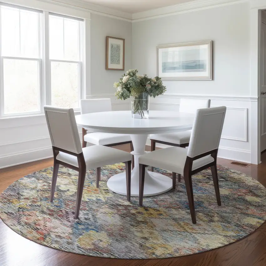 8' Gold Blue And Brown Round Floral Washable Indoor Outdoor Area Rug Photo 9