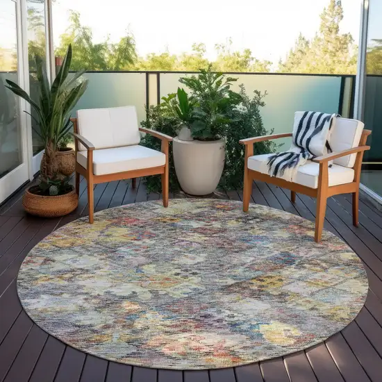 8' Gold Blue And Brown Round Floral Washable Indoor Outdoor Area Rug Photo 8