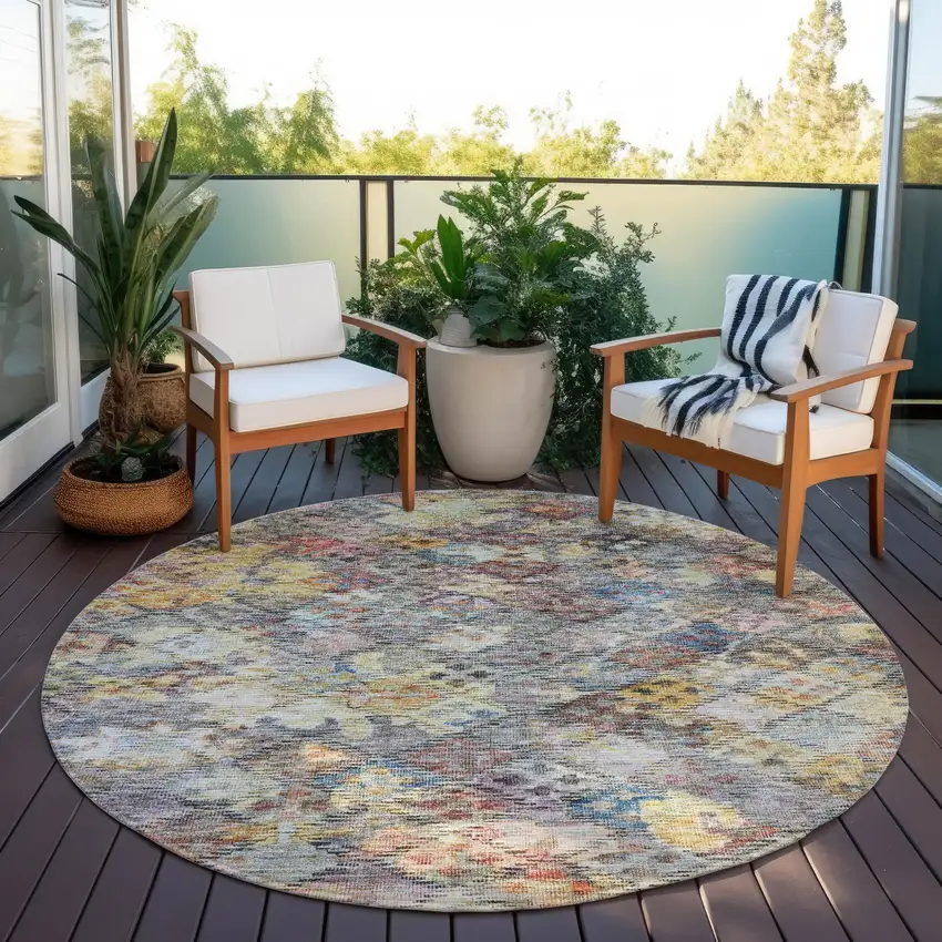 8' Gold Blue And Brown Round Floral Washable Indoor Outdoor Area Rug Photo 8