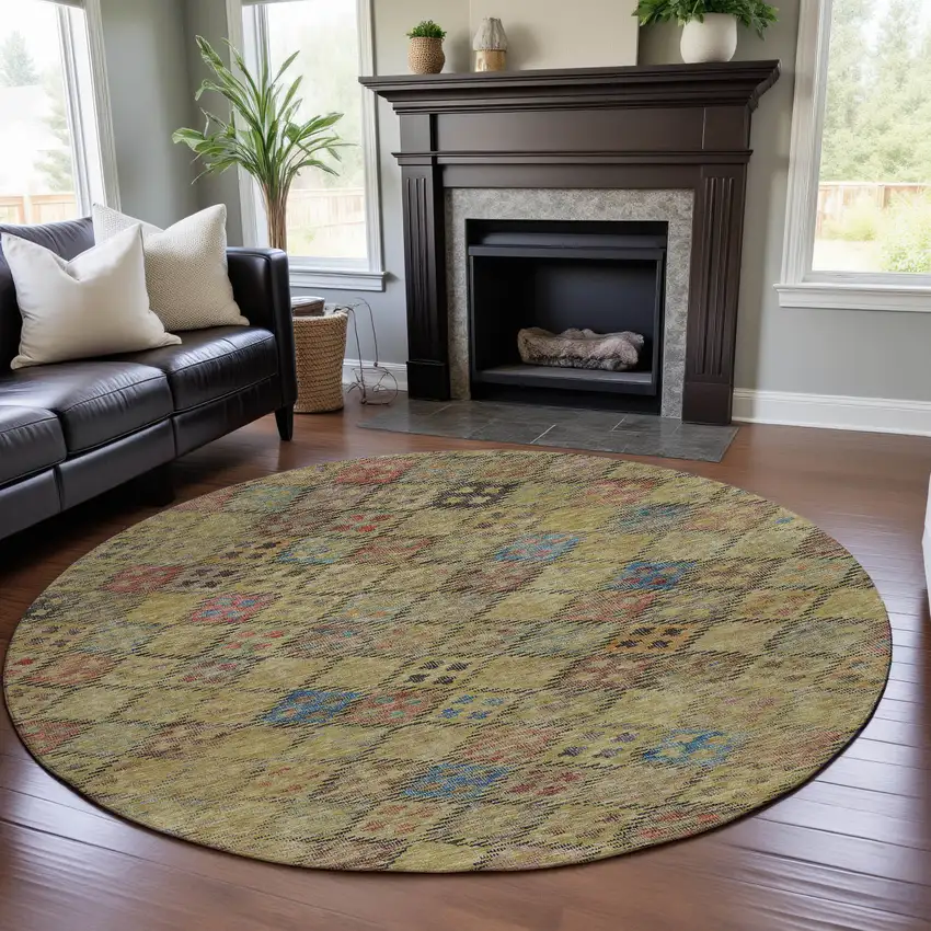 8' Gold Blue And Copper Geometric Washable Round Rug With UV Protection Photo 4