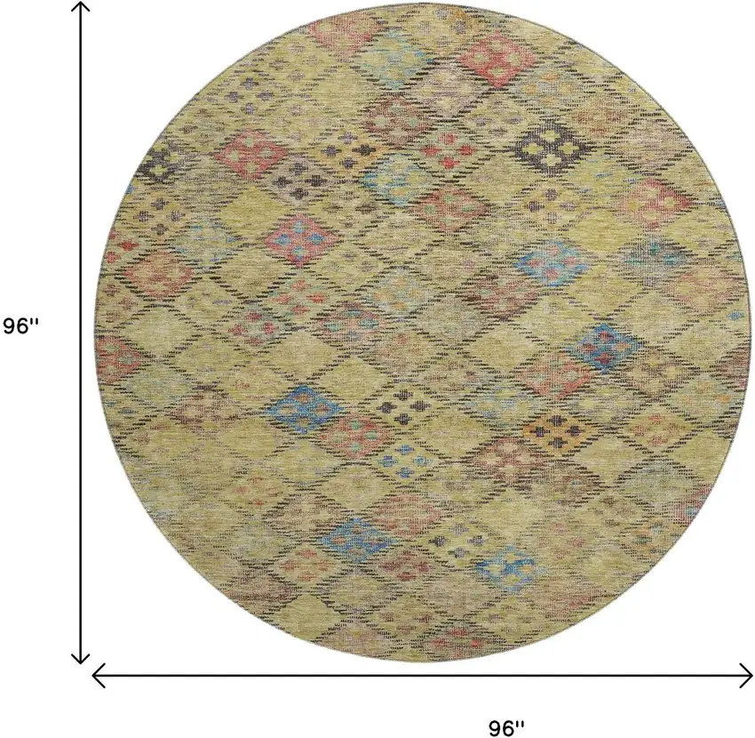 8' Gold Blue And Copper Geometric Washable Round Rug With UV Protection Photo 9