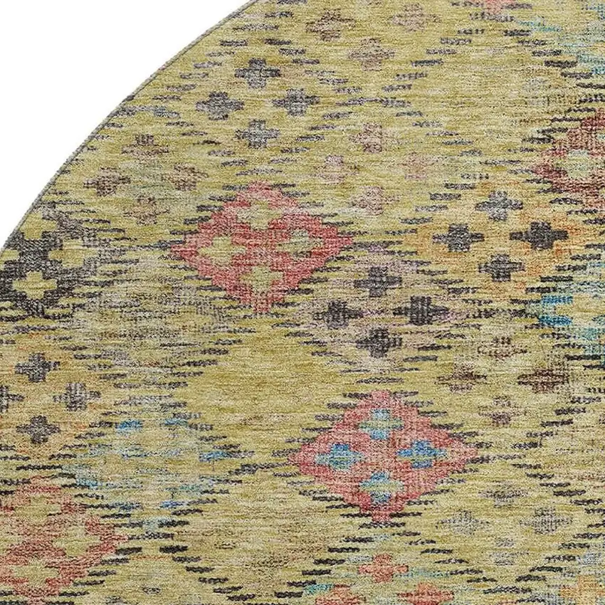 8' Gold Blue And Copper Geometric Washable Round Rug With UV Protection Photo 2