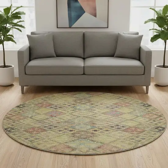 8' Gold Blue And Copper Geometric Washable Round Rug With UV Protection Photo 2