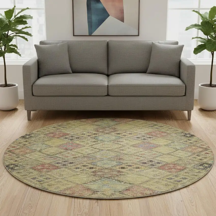 8' Gold Blue And Copper Geometric Washable Round Rug With UV Protection Photo 2