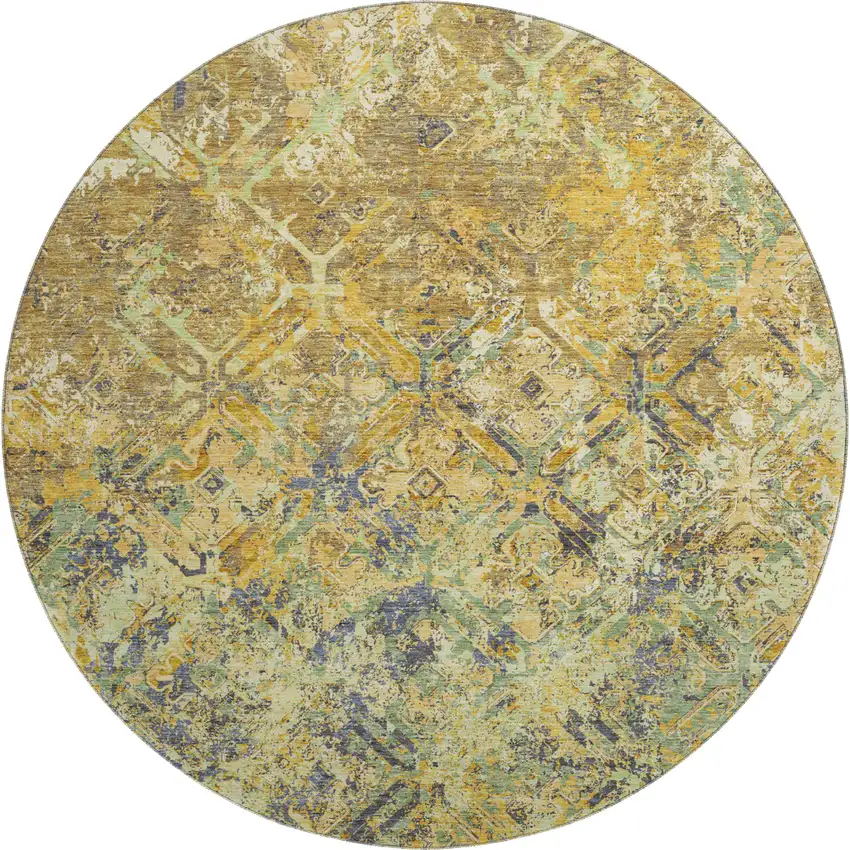 8' Gold Blue And Gray Diamond Washable Round Rug With UV Protection Photo 1
