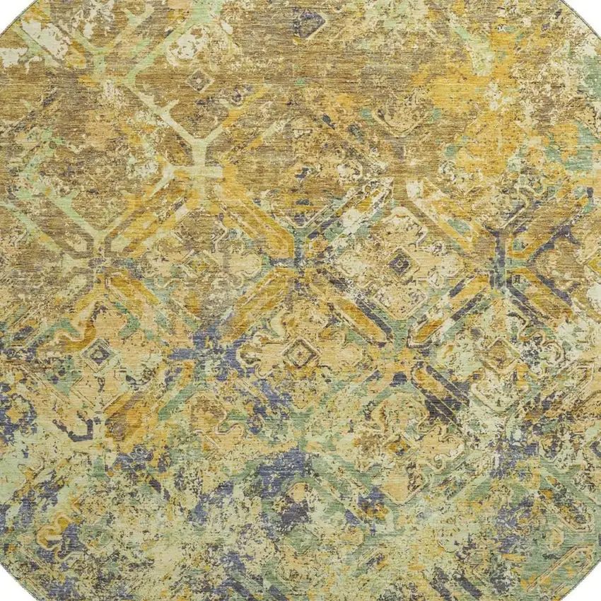 8' Gold Blue And Gray Diamond Washable Round Rug With UV Protection Photo 3