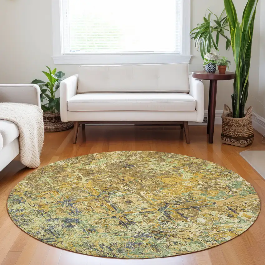 8' Gold Blue And Gray Diamond Washable Round Rug With UV Protection Photo 5