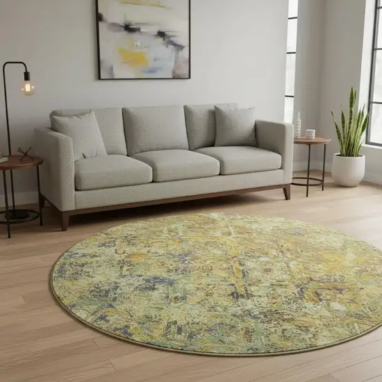 8' Gold Blue And Gray Diamond Washable Round Rug With UV Protection Photo 2