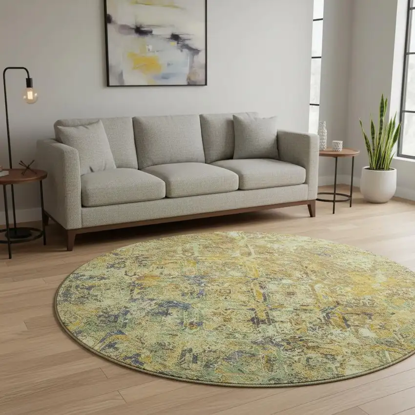 8' Gold Blue And Gray Diamond Washable Round Rug With UV Protection Photo 2