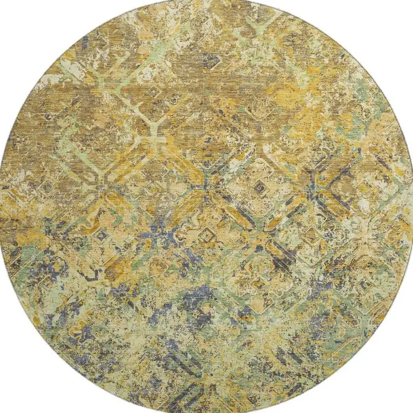 8' Gold Blue And Gray Diamond Washable Round Rug With UV Protection Photo 4