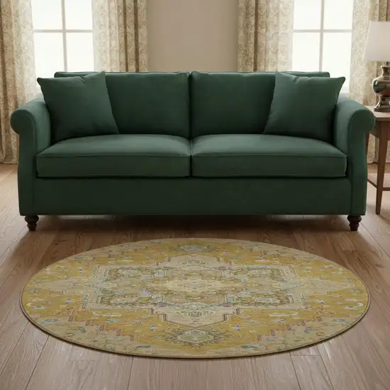 8' Gold Blue And Gray Oriental Washable Round Rug With UV Protection Photo 2