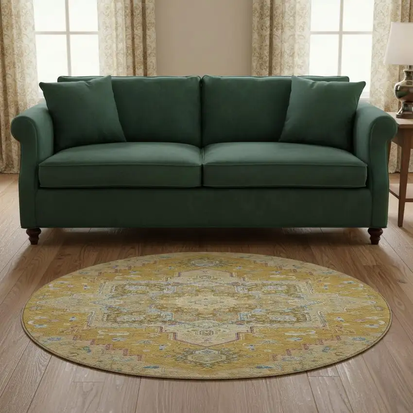 8' Gold Blue And Gray Oriental Washable Round Rug With UV Protection Photo 2