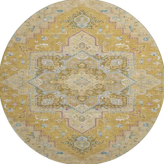 8' Gold Blue And Gray Oriental Washable Round Rug With UV Protection Photo 3