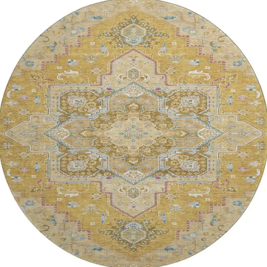 8' Gold Blue And Gray Oriental Washable Round Rug With UV Protection Photo 3