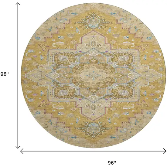 8' Gold Blue And Gray Oriental Washable Round Rug With UV Protection Photo 9