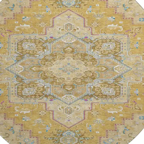 8' Gold Blue And Gray Oriental Washable Round Rug With UV Protection Photo 2