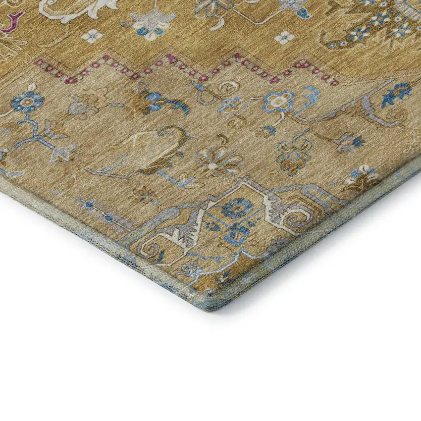 8' Gold Blue And Gray Oriental Washable Round Rug With UV Protection Photo 6