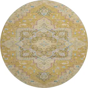 Photo of 8' Gold Blue And Gray Oriental Washable Round Rug With UV Protection