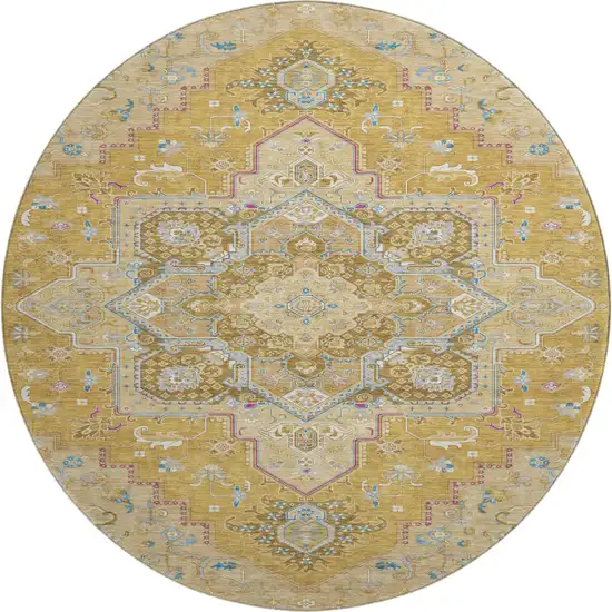 8' Gold Blue And Gray Oriental Washable Round Rug With UV Protection Photo 1