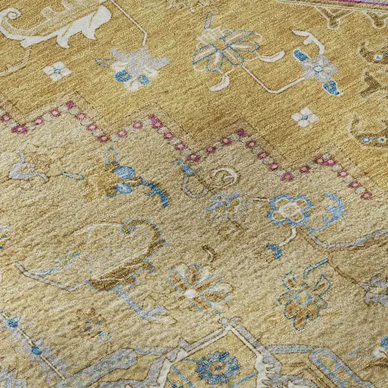 8' Gold Blue And Gray Oriental Washable Round Rug With UV Protection Photo 8