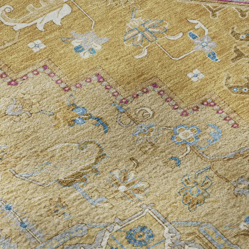 8' Gold Blue And Gray Oriental Washable Round Rug With UV Protection Photo 8