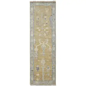 Photo of 8' Gold Blue And Gray Wool Floral Hand Knotted Stain Resistant Runner Rug With Fringe