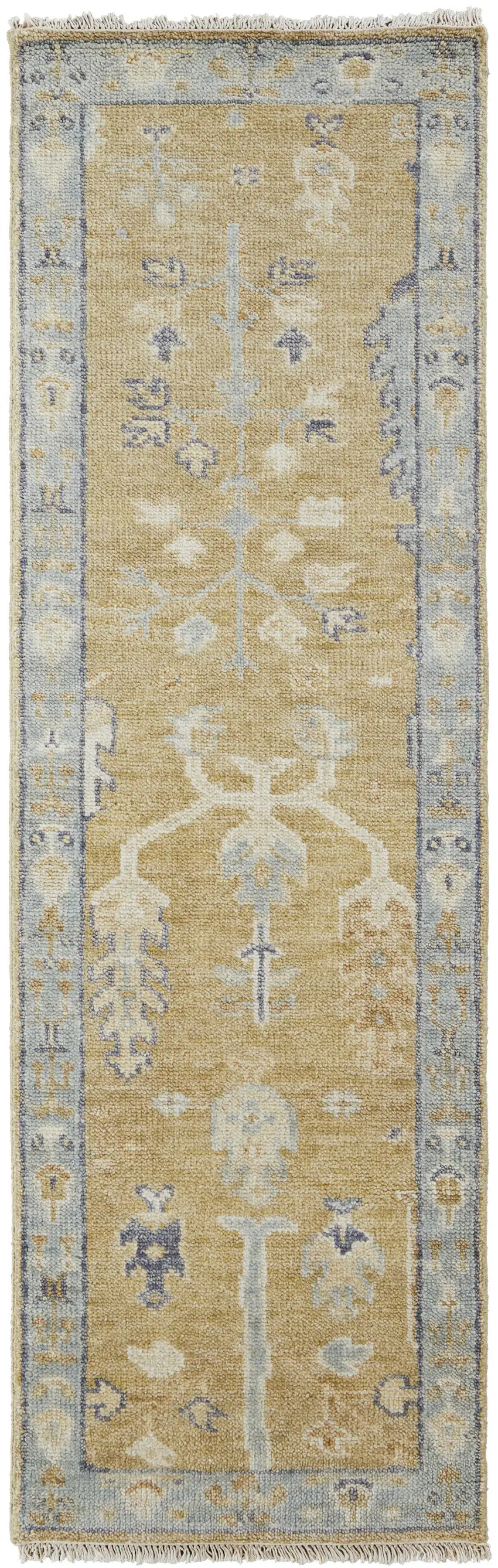 8' Gold Blue And Gray Wool Floral Hand Knotted Stain Resistant Runner Rug With Fringe Photo 1
