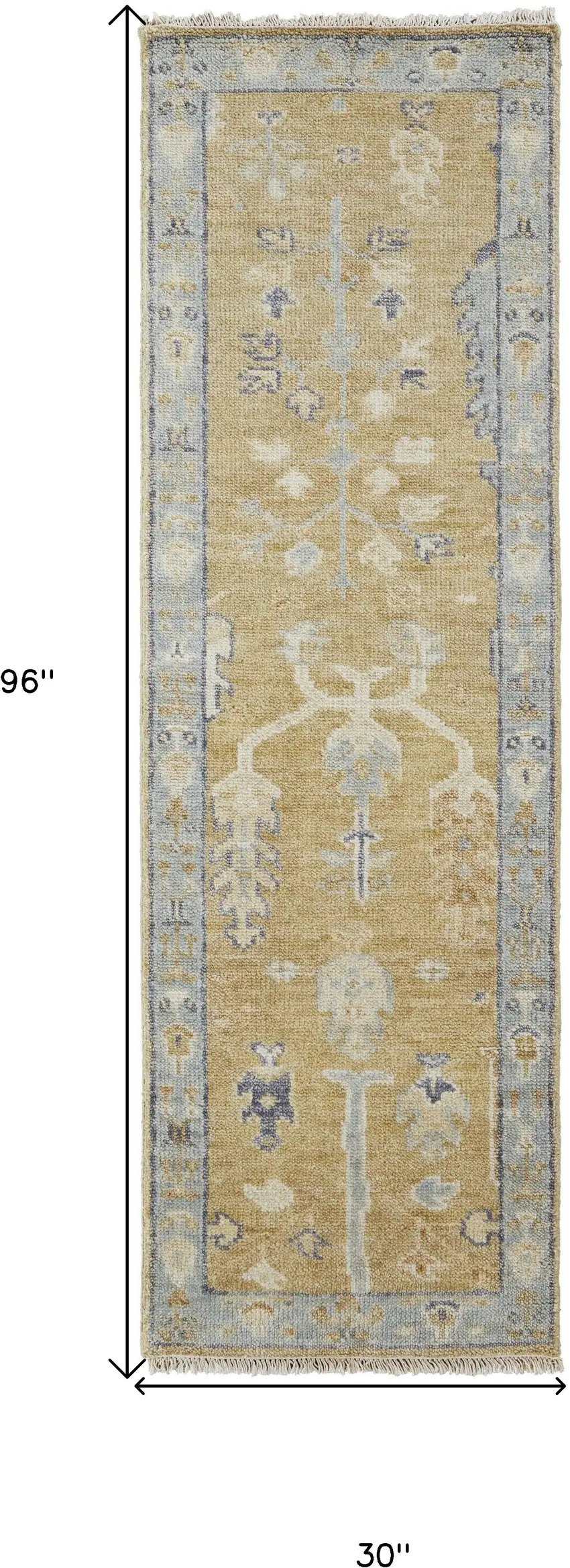 8' Gold Blue And Gray Wool Floral Hand Knotted Stain Resistant Runner Rug With Fringe Photo 7