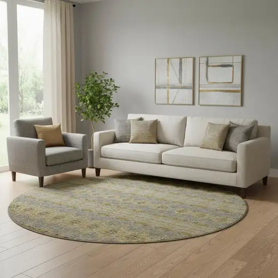 8' Gold Blue And Ivory Floral Medallion Washable Round Rug With UV Protection Photo 1