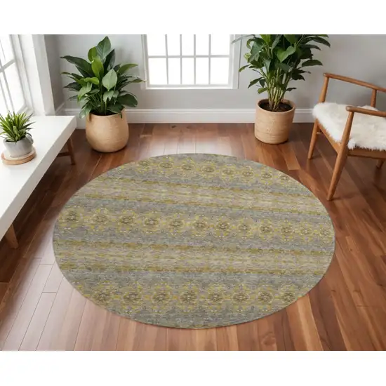 8' Gold Blue And Ivory Floral Medallion Washable Round Rug With UV Protection Photo 2