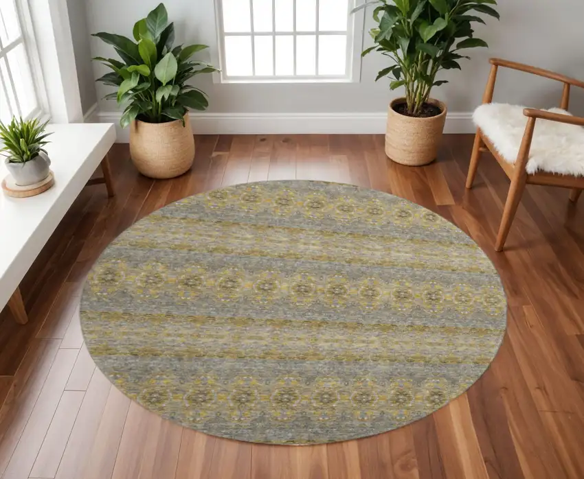 8' Gold Blue And Ivory Floral Medallion Washable Round Rug With UV Protection Photo 2