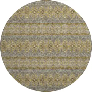 Photo of 8' Gold Blue And Ivory Floral Medallion Washable Round Rug With UV Protection