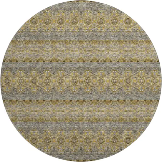 8' Gold Blue And Ivory Floral Medallion Washable Round Rug With UV Protection Photo 1