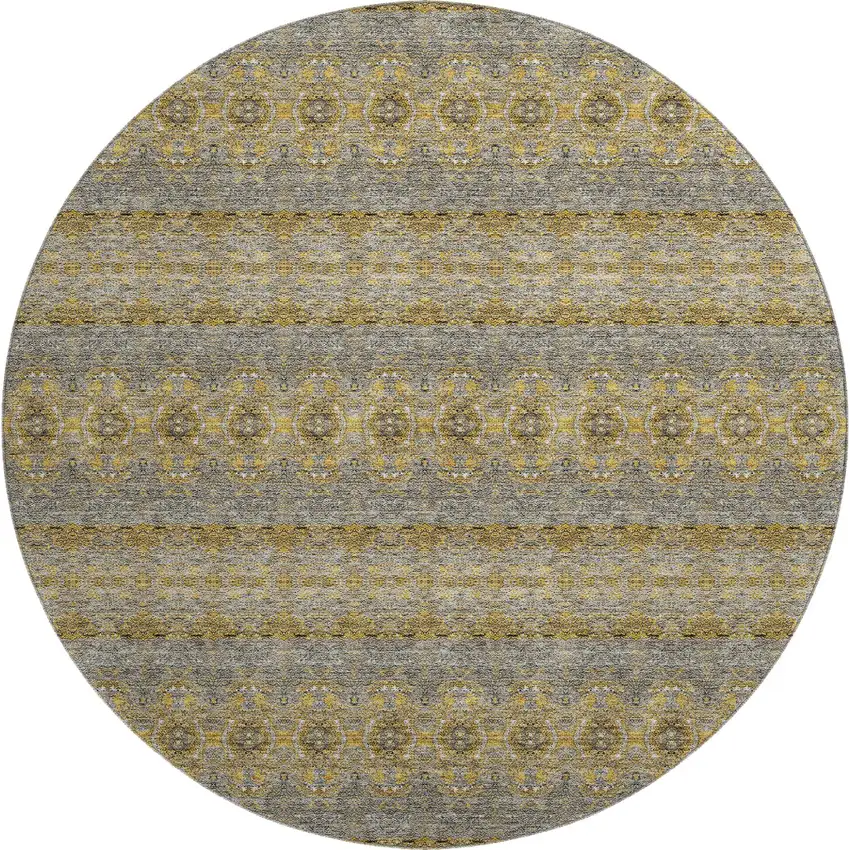 8' Gold Blue And Ivory Floral Medallion Washable Round Rug With UV Protection Photo 1