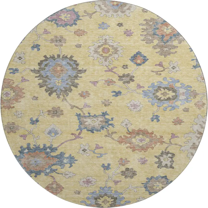 8' Gold Blue And Ivory Floral Washable Round Rug With UV Protection Photo 1