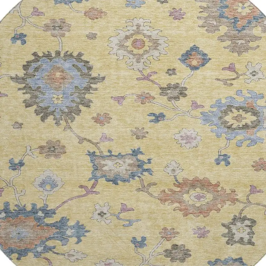 8' Gold Blue And Ivory Floral Washable Round Rug With UV Protection Photo 2
