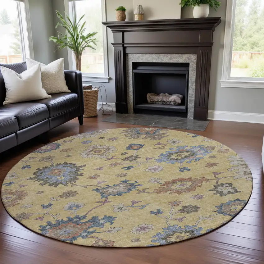 8' Gold Blue And Ivory Floral Washable Round Rug With UV Protection Photo 4