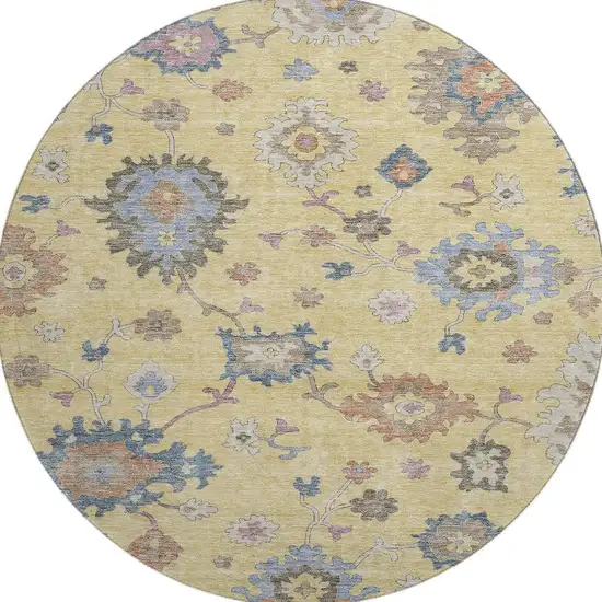 8' Gold Blue And Ivory Floral Washable Round Rug With UV Protection Photo 3