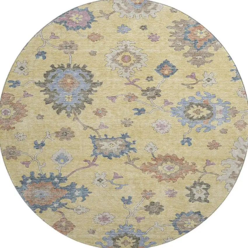 8' Gold Blue And Ivory Floral Washable Round Rug With UV Protection Photo 3
