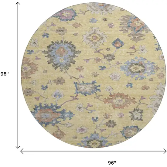 8' Gold Blue And Ivory Floral Washable Round Rug With UV Protection Photo 9