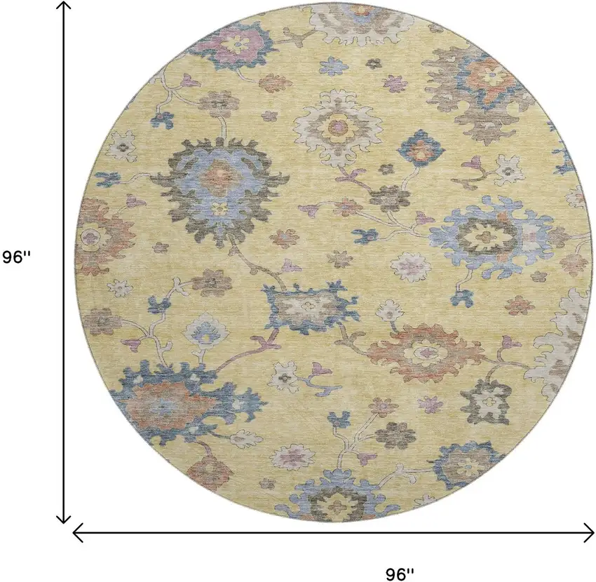 8' Gold Blue And Ivory Floral Washable Round Rug With UV Protection Photo 9
