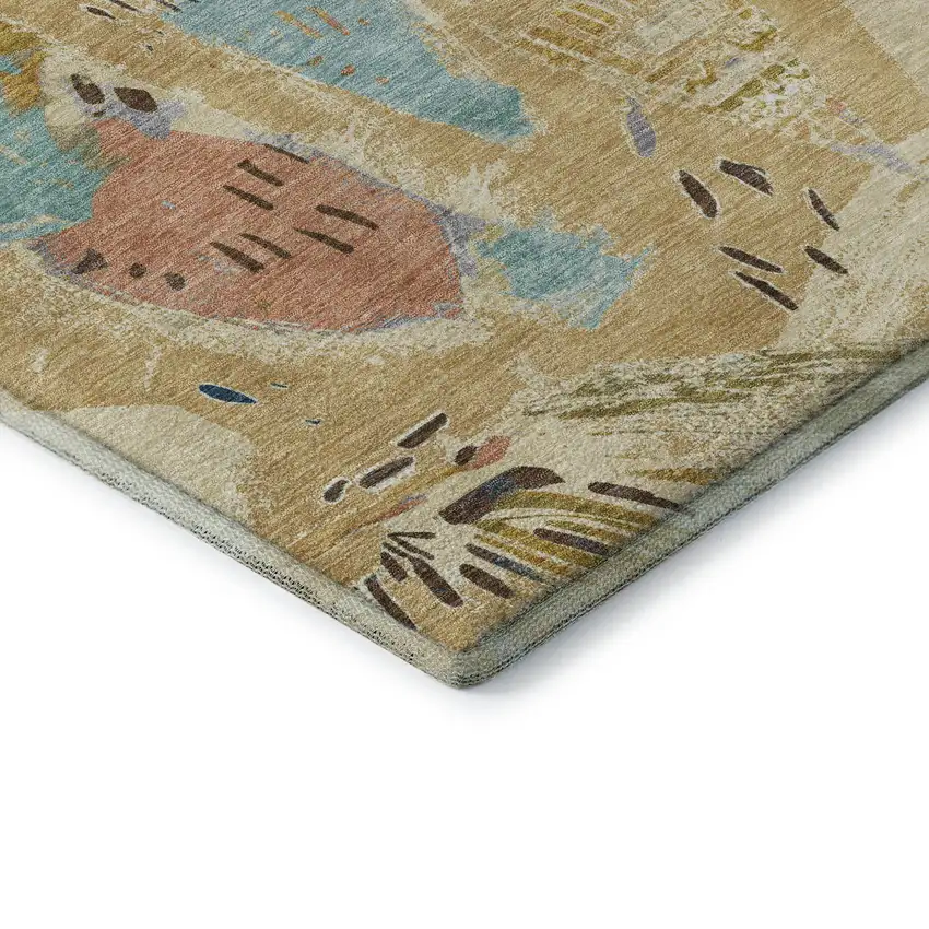 8' Gold Blue And Ivory Geometric Washable Area Rug With UV Protection Photo 7