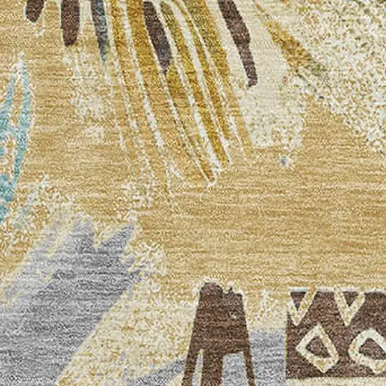 8' Gold Blue And Ivory Geometric Washable Area Rug With UV Protection Photo 2