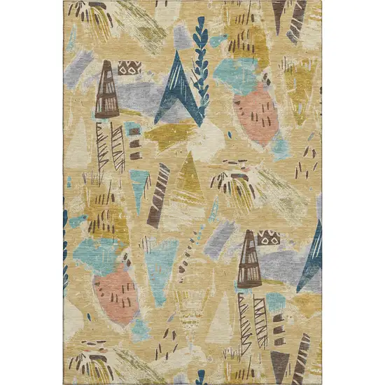 8' Gold Blue And Ivory Geometric Washable Area Rug With UV Protection Photo 1