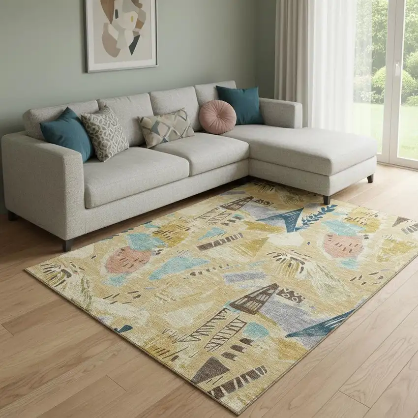 8' Gold Blue And Ivory Geometric Washable Area Rug With UV Protection Photo 2